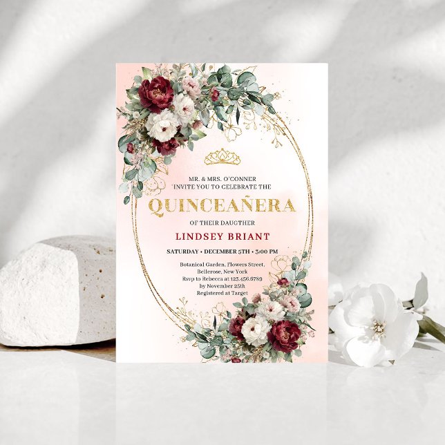 Timeless Burgundy Floral Quinceañera Gold Invite Einladung (Timeless Burgundy Floral Quinceañera Gold Invitation)