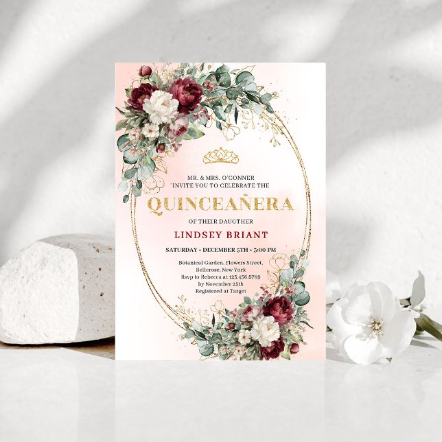 Timeless Burgundy Floral Quinceañera Invitation Einladung (Timeless Burgundy Floral Quinceañera Invitation)