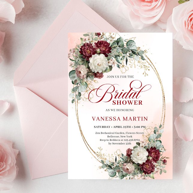 Timeless Burgundy Flowers with Gold Bridal Shower  Einladung (Timeless Burgundy Flowers with Gold Bridal Shower Invite)