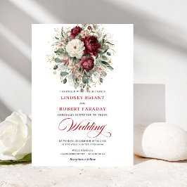 Timeless Burgundy White Floral Gold Wedding Invite Einladung