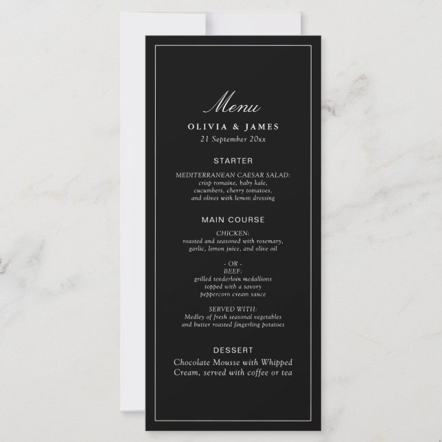 Timeless Dark Black Modern Minimalist Wedding Menu (Vorderseite)
