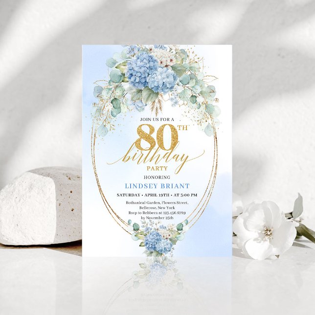 Timeless Dusty Blue Floral 80th Birthday Invite Einladung (Timeless Dusty Blue Floral 80th Birthday Invite)