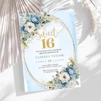 Timeless Dusty Blue Floral Gold Sweet Sixteen  Einladung
