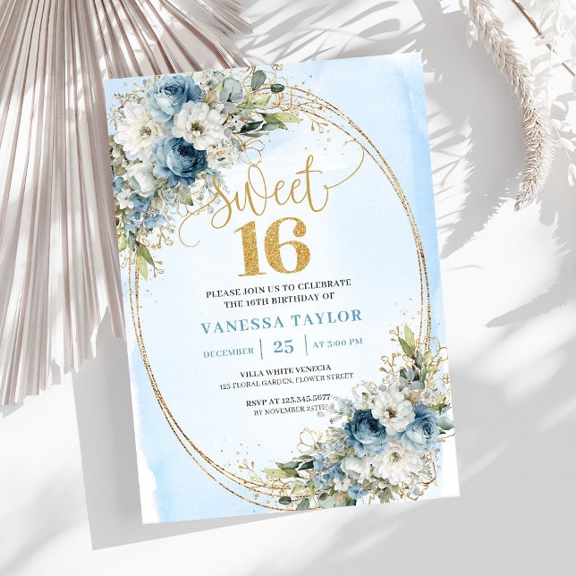 Timeless Dusty Blue Floral Sweet 16th Birthday  Einladung (Timeless Dusty Blue Floral Sweet 16th Birthday Invite)