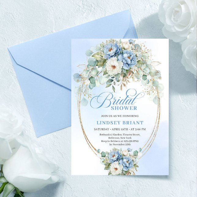 Timeless Dusty Blue Flowers Greenery Bridal Shower Einladung (Timeless Dusty Blue Flowers Greenery Bridal Shower)