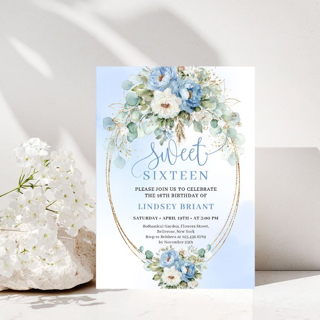 Timeless Dusty Blue Peony Gold Sweet 16 Birthday  Einladung (Timeless Dusty Blue Peony Gold Sweet 16 Birthday Invite)