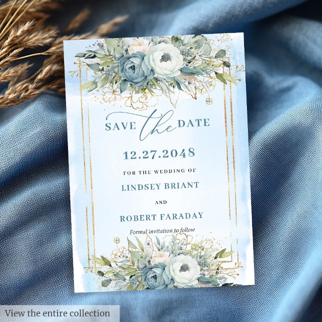 Timeless Dusty Blue White Gold Floral Rett Date Einladung (Timeless Dusty Blue White Gold Floral Save The Date)