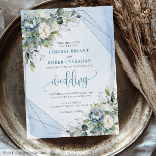 Timeless Dusty Blue White Silver Peonies Wedding Einladung