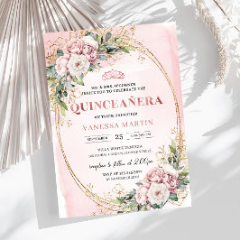 Timeless Dusty Pink Floral Greenery Quinceañera Einladung