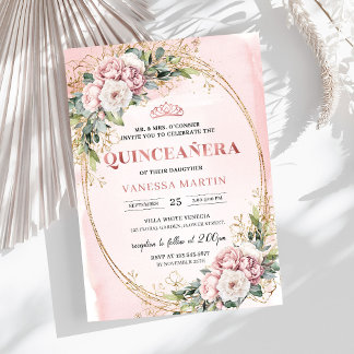 Timeless Dusty Pink Floral Greenery Quinceañera  Einladung