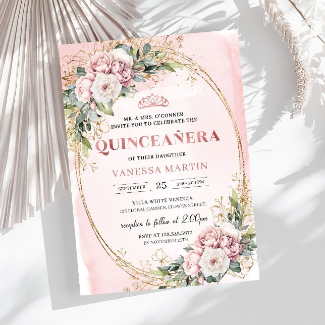Timeless Dusty Pink Floral Greenery Quinceañera  Einladung (Timeless Dusty Pink Floral Greenery Quinceañera Invitation

)