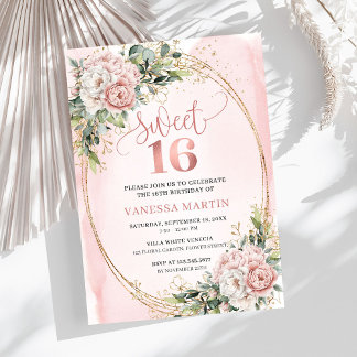 Timeless Dusty Pink Floral Greenery Sweet Sixteen  Einladung