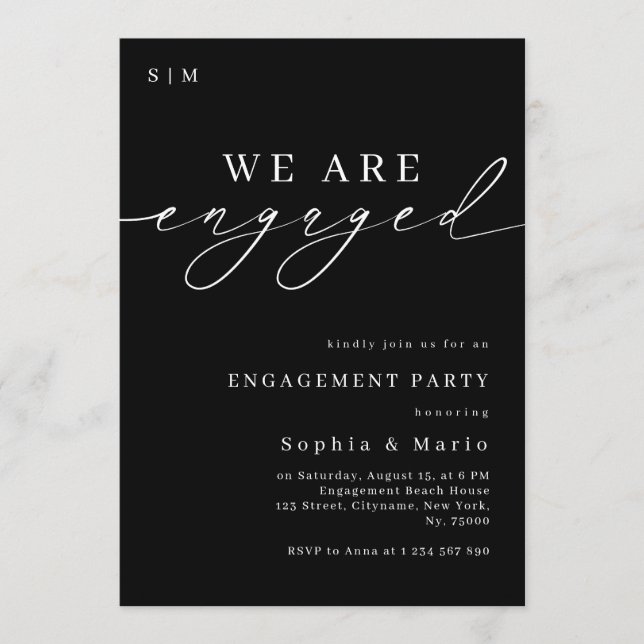 Timeless Elegant Monogram Black Engagement Party Einladung (Vorderseite)