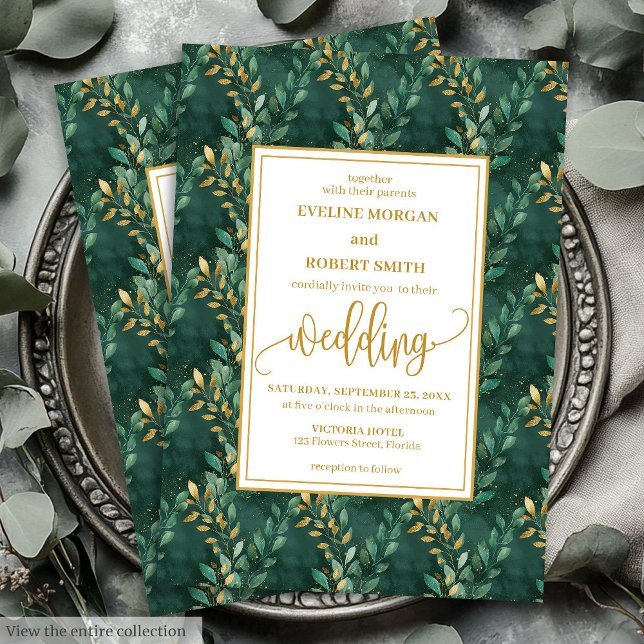 Timeless Emerald Green Gold Blätter Hochzeitsfeier Einladung (Timeless Emerald Green Gold Leaves Wedding Invitation)