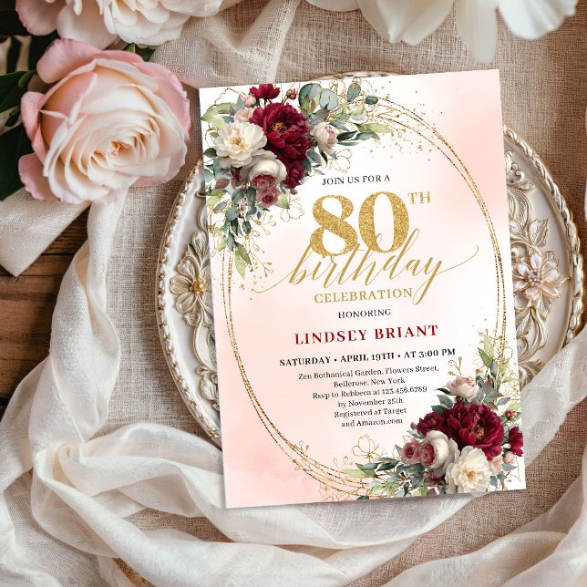 Timeless Floral Gold 80th Birthday Celebration  Einladung (Timeless Floral Gold 80th Birthday Celebration Invite)