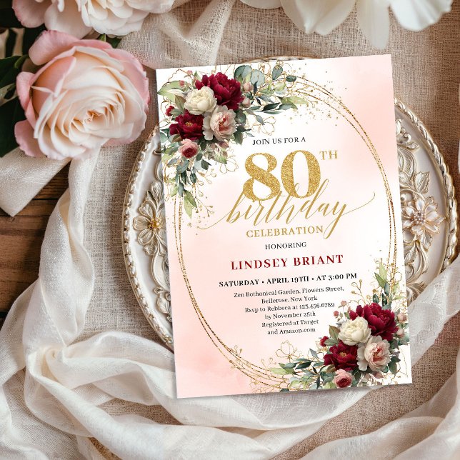 Timeless Floral Gold 80th Birthday Celebration  Einladung (Timeless Floral Gold 80th Birthday Celebration Invite)