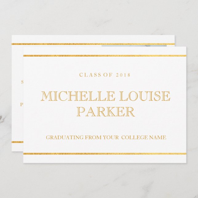 Timeless Gold White Foto Abschluss Einladung (Vorne/Hinten)