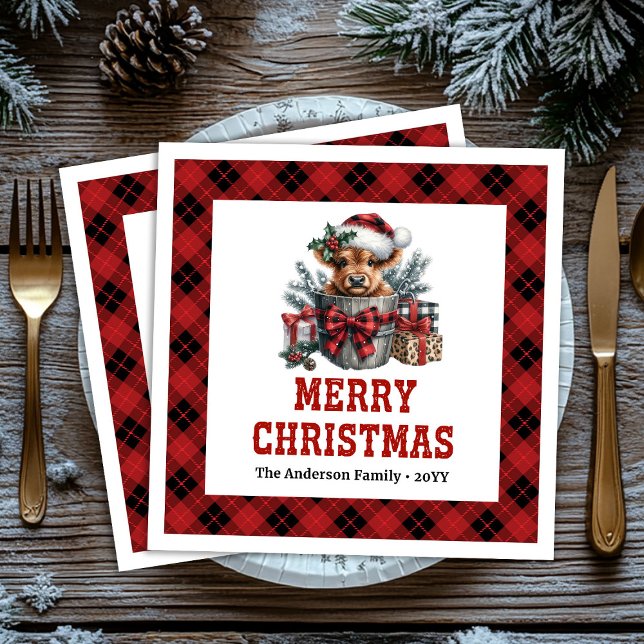 Timeless highland cow Christmas napkins red black  Serviette (Timeless highland cow Christmas napkins red black plaid tag

)