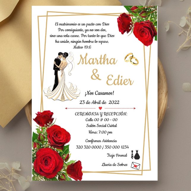 Timeless Love Red Elegance Wedding Invitation  Einladung (Classic Red Roses & Gold Religious Wedding Invite. Elegant, traditional and fully customizable)