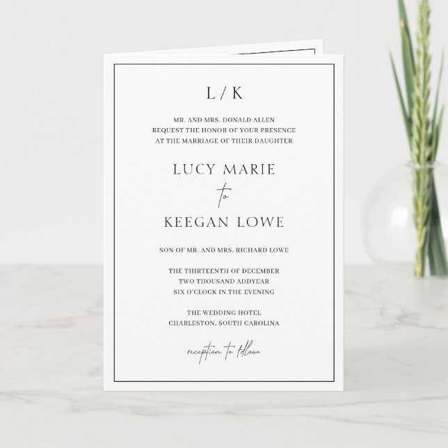 Timeless Monogram Black and White Elegante Wedding Einladung (Vorderseite)