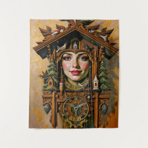 „Timeless Muse“ – Ein Kuckucksuhr-Porträt Wandteppich