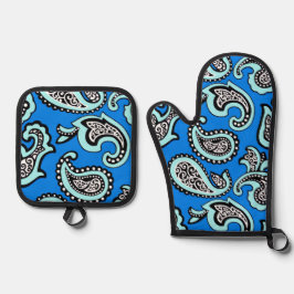 Timeless Paisley on Blue Background Ofenhandschuh & Topflappen-Set