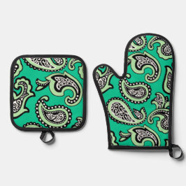 Timeless Paisley on Green Background Ofenhandschuh & Topflappen-Set