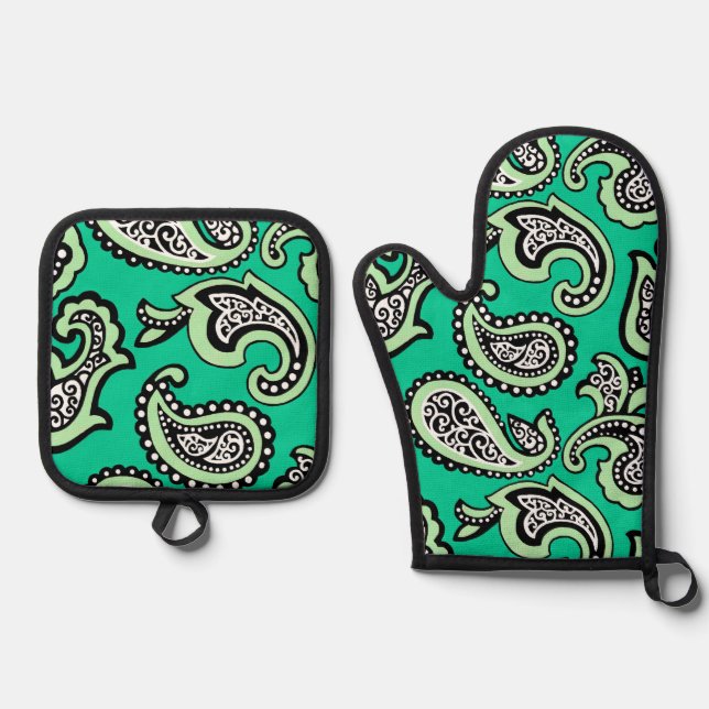 Timeless Paisley on Green Background Ofenhandschuh & Topflappen-Set (Vorderseite)