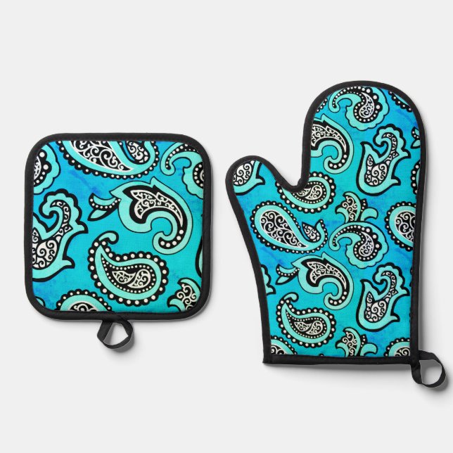Timeless  Paisley on Teal Background Ofenhandschuh & Topflappen-Set (Vorderseite)