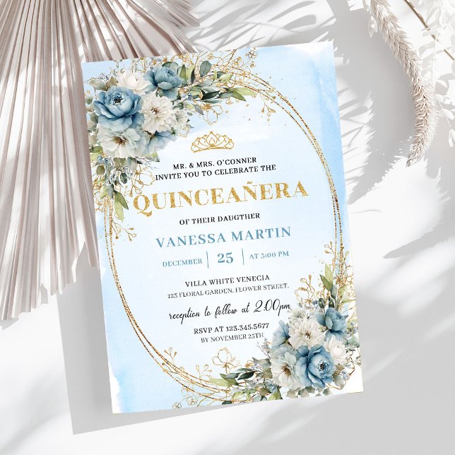 Timeless Pastel Blue Gold Eucalyptus Quince Invite Einladung (Timeless Pastel Blue Gold Eucalyptus Quince Invitation)