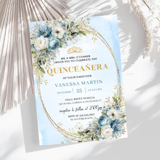 Timeless Pastel Blue Gold Eucalyptus Quinceañera Einladung