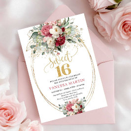 Timeless Red Burgundy Gold Floral Sweet 16 Invite Einladung