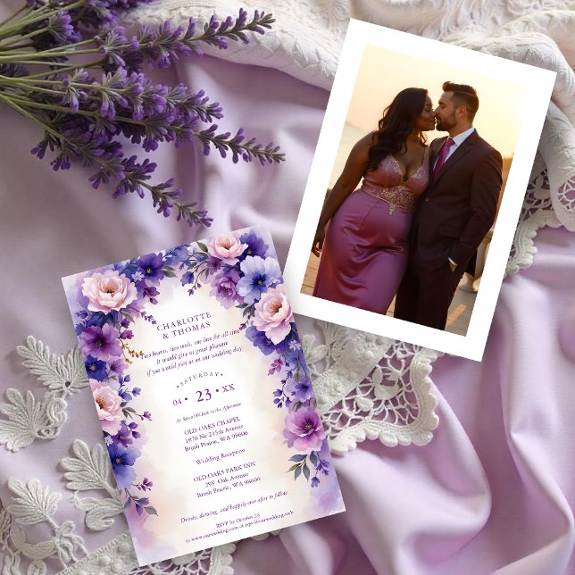 Timeless Romantic Purple Shades Flowers Arch Photo Einladung (Timeless Romantic Purple Shades Flowers & Branches Arch with Photo in the Back Wedding Invitations)
