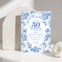 Timeless Royal Blue Toile de Jouy 50th Birthday  Einladung