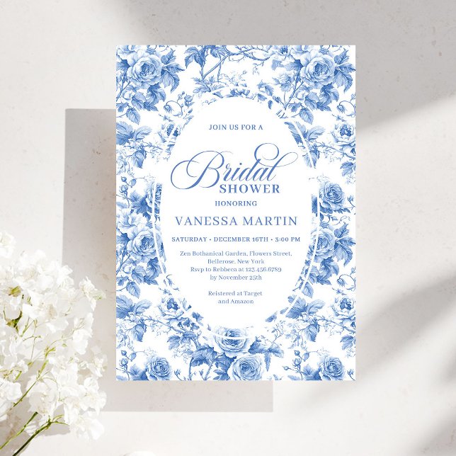 Timeless Royal Blue Toile de Jouy Bridal Shower  Einladung (Timeless Royal Blue Toile de Jouy Bridal Shower Invite)