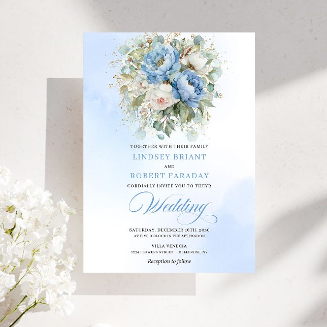 Timeless Rustic Pastel Blue Peony Gold Wedding Einladung (Timeless Rustic Pastel Blue Peony Gold Wedding Invitation)