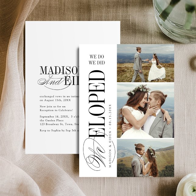 Timeless Typography 3 photo We Eloped Reception Einladung (Timeless Typography 3 photo We Eloped Reception Invitation)
