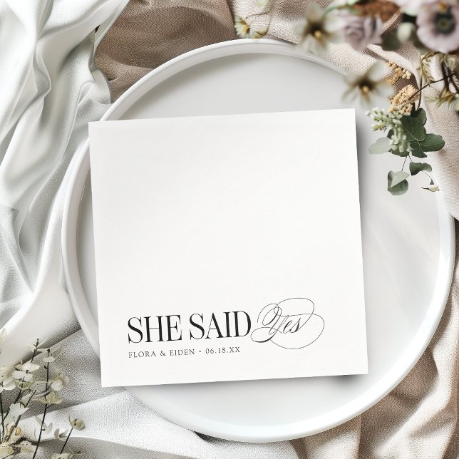 Timeless Typography She Said Yes Engagement Party Serviette (Timeless Typography She Said Yes Engagement Party Napkins)