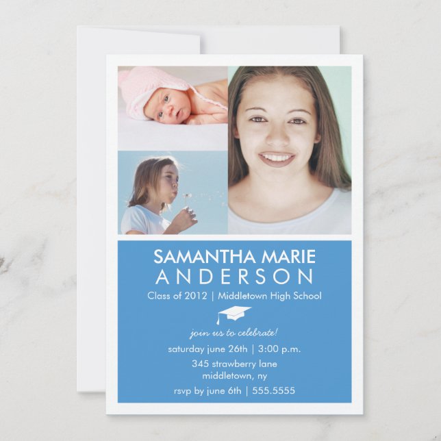 Timeline 3 Foto Abschluss Einladung - Blau (Vorderseite)