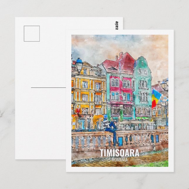 Timisoara Rumänien Berühmter Platz Wasserfarben Postkarte (Vorne/Hinten)