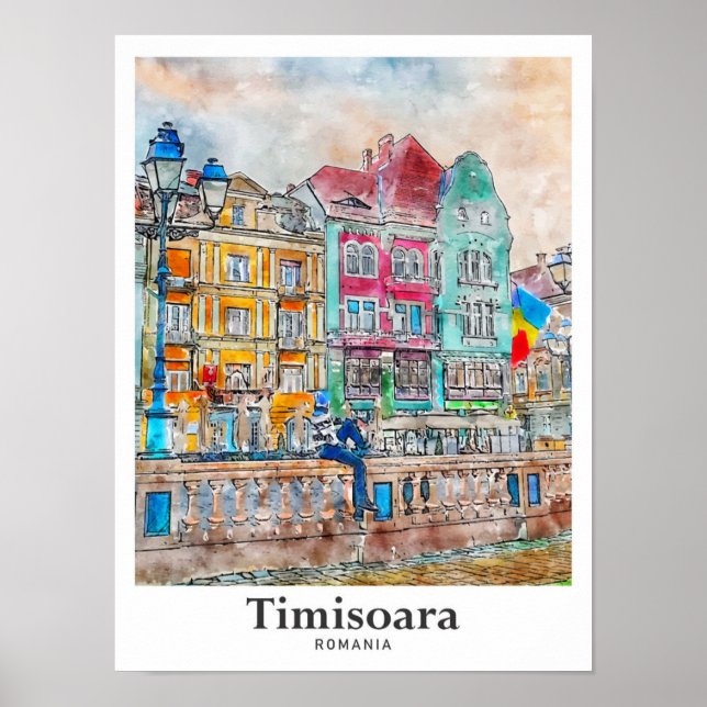 Timisoara Rumänien Reisen Wasserfarben Hand gezoge Poster (Vorne)
