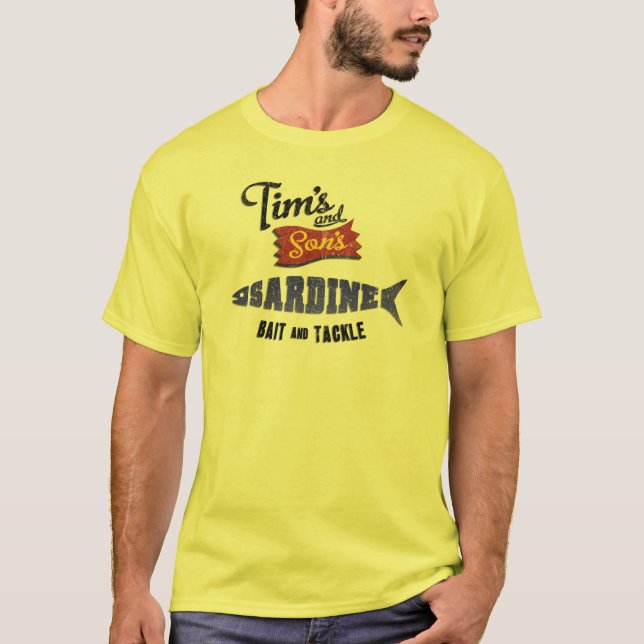 Tims und des Sohns Sardine, Köder und T-Shirt (Vorderseite)