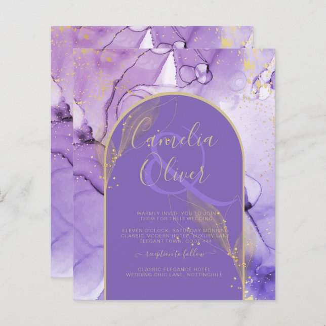 Tinte Abstrakt LILA GOLD Lavendel Wedding INVITE (Vorne/Hinten)