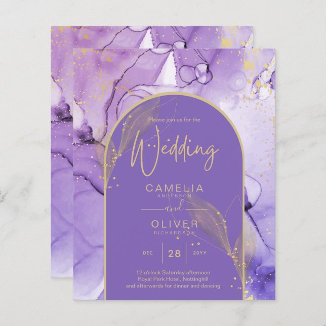 Tinte Abstrakt LILA GOLD Lavendel Wedding INVITE (Vorne/Hinten)