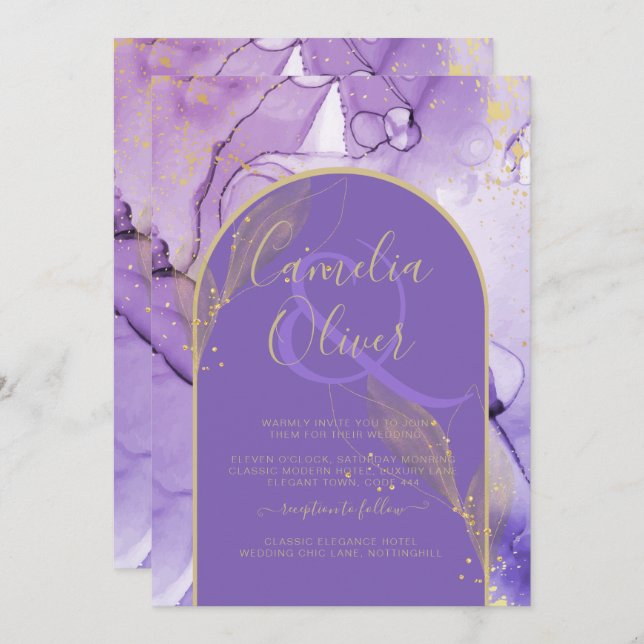 Tinte Abstrakt LILA GOLD Lavendel Wedding INVITE Einladung (Vorne/Hinten)