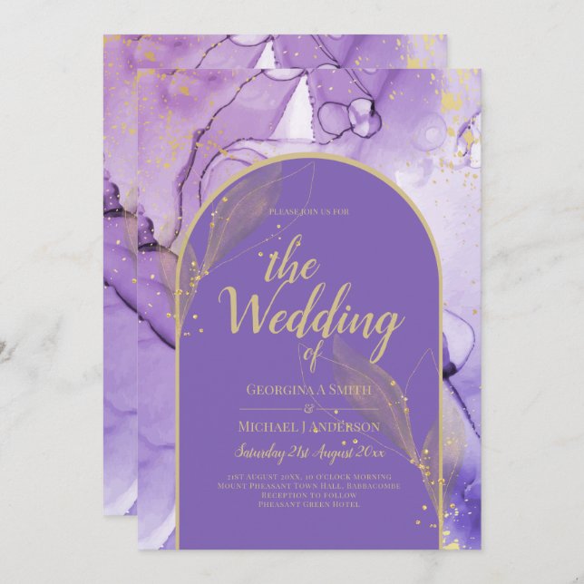 Tinte Abstrakt LILA GOLD Lavendel Wedding INVITE Einladung (Vorne/Hinten)
