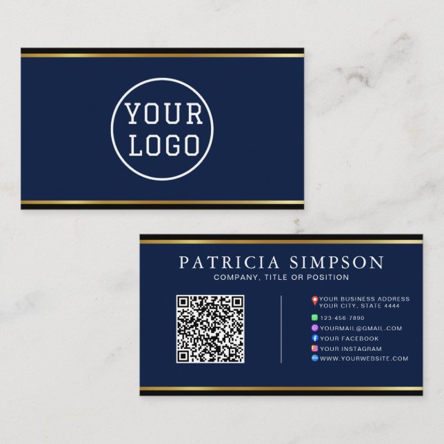 Tinte Blau & Goldrand Moderne QR-Code-Vorlage Visitenkarte (Vorne/Hinten)