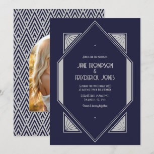 Tinte Blau & Platin Silber Art Deco Hochzeitsfoto Einladung