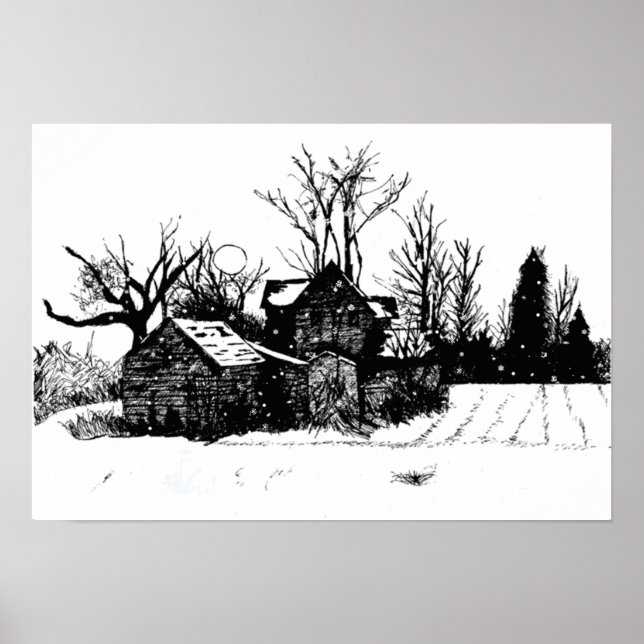 Tinte Sketch Old Farm Winter Scanner Poster (Vorne)