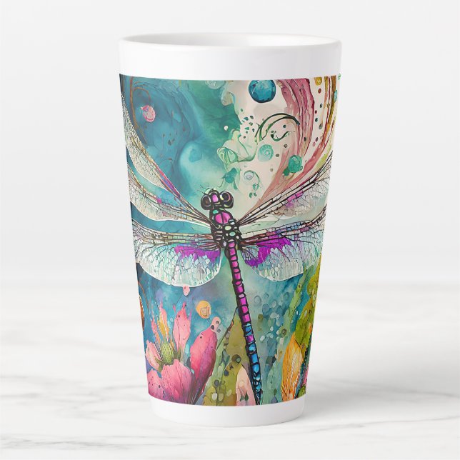 Tinte und Pen Wasserfarbene Dragonfly Latte Tasse (Vorderseite)